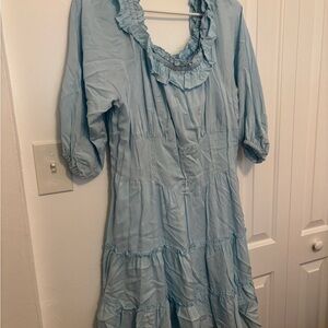 Soft Blue Green Sundress with Ruffled Hem and 3/4 Bishop Sleeves